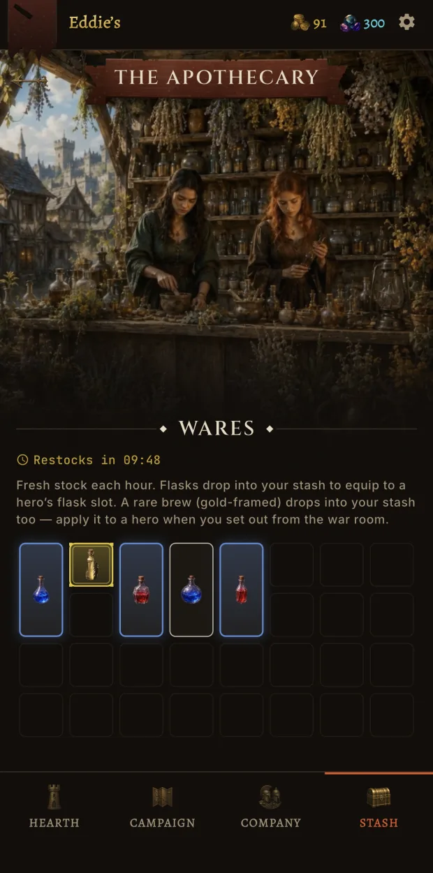 The Apothecary: two herbalists at a shelf of bottles, with a grid of flasks for sale beneath.