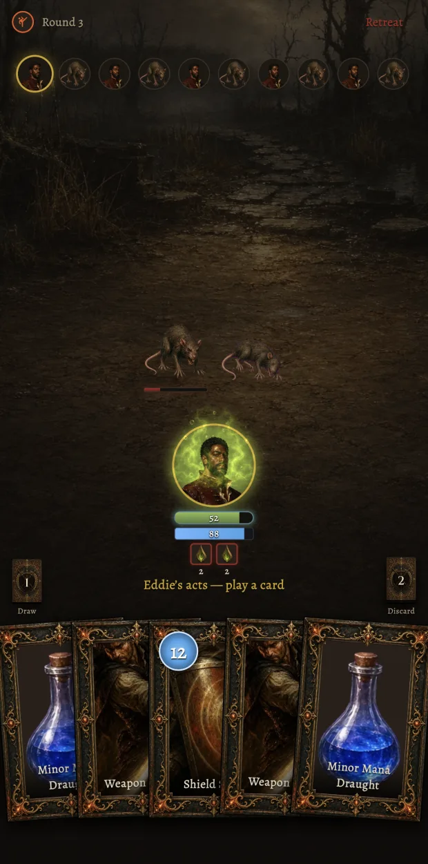 A card battle at night: a hero facing two rats on a muddy road, with a hand of cards along the bottom.