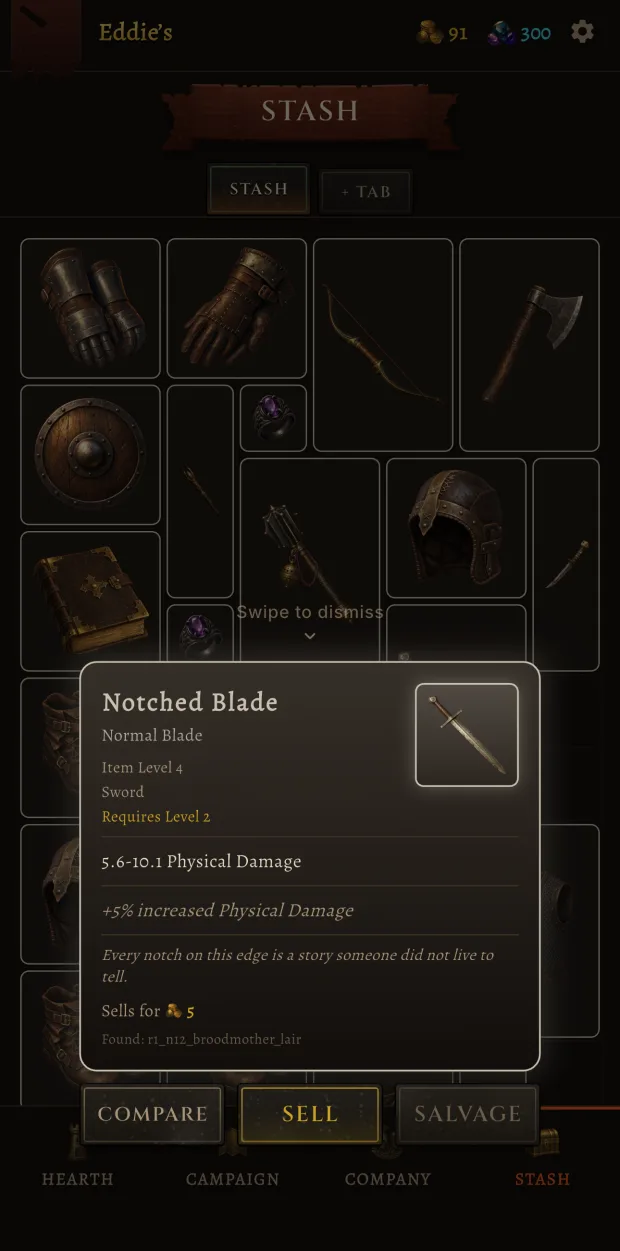 The stash: a grid of gauntlets, bows, shields and helms, with a Notched Blade item card open.