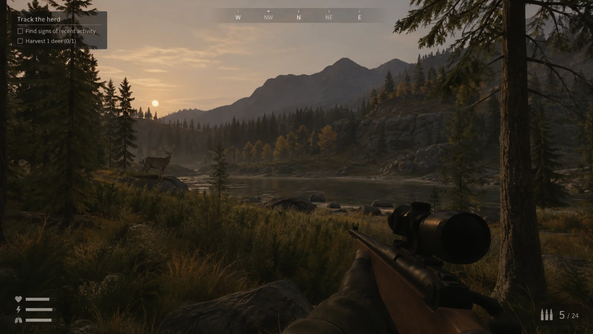 Hunter's Bar: a deer on a rock above a river valley at first light.