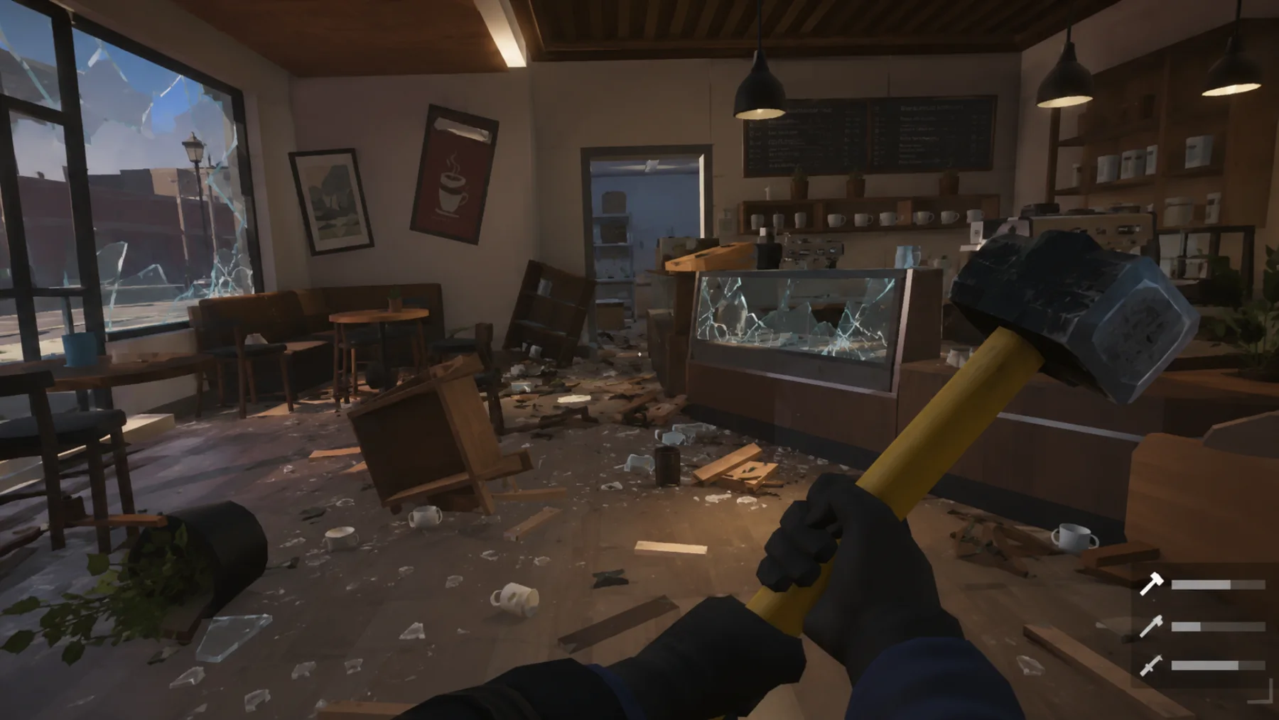 Rage Room VR: a wrecked cafe seen from behind a raised sledgehammer.